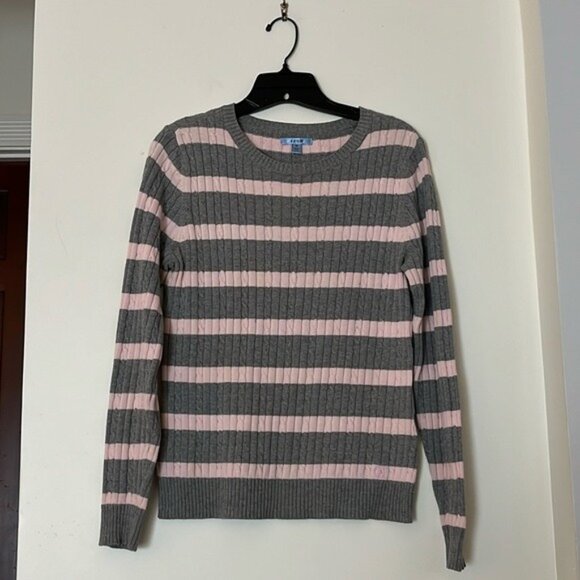 💗 Izod Women’s Gray & Pink Striped Cable Knit Sweater | Size M 💗 - Picture 1 of 10